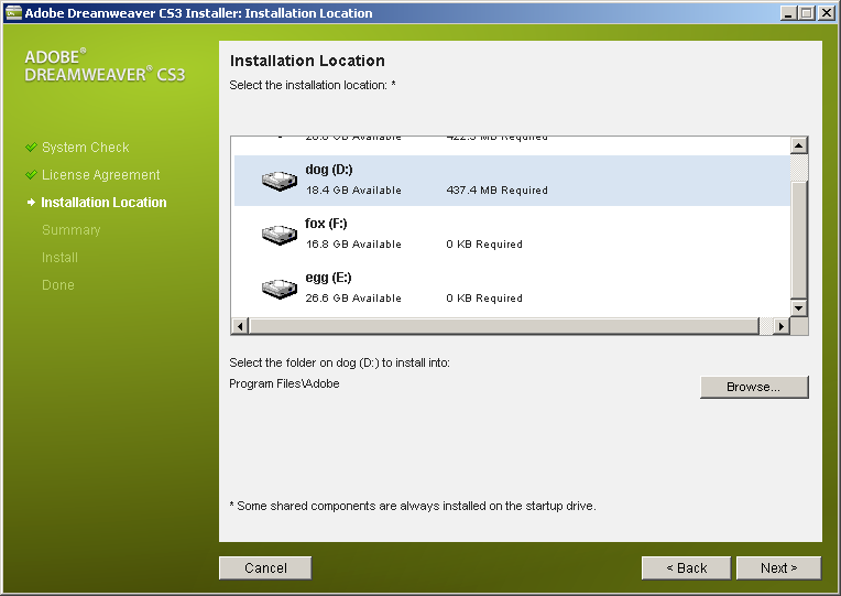 Adobe Dreamweaver CS3 选择安装位置